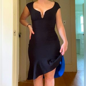 Goddiva London black form fitting dress with blue lining